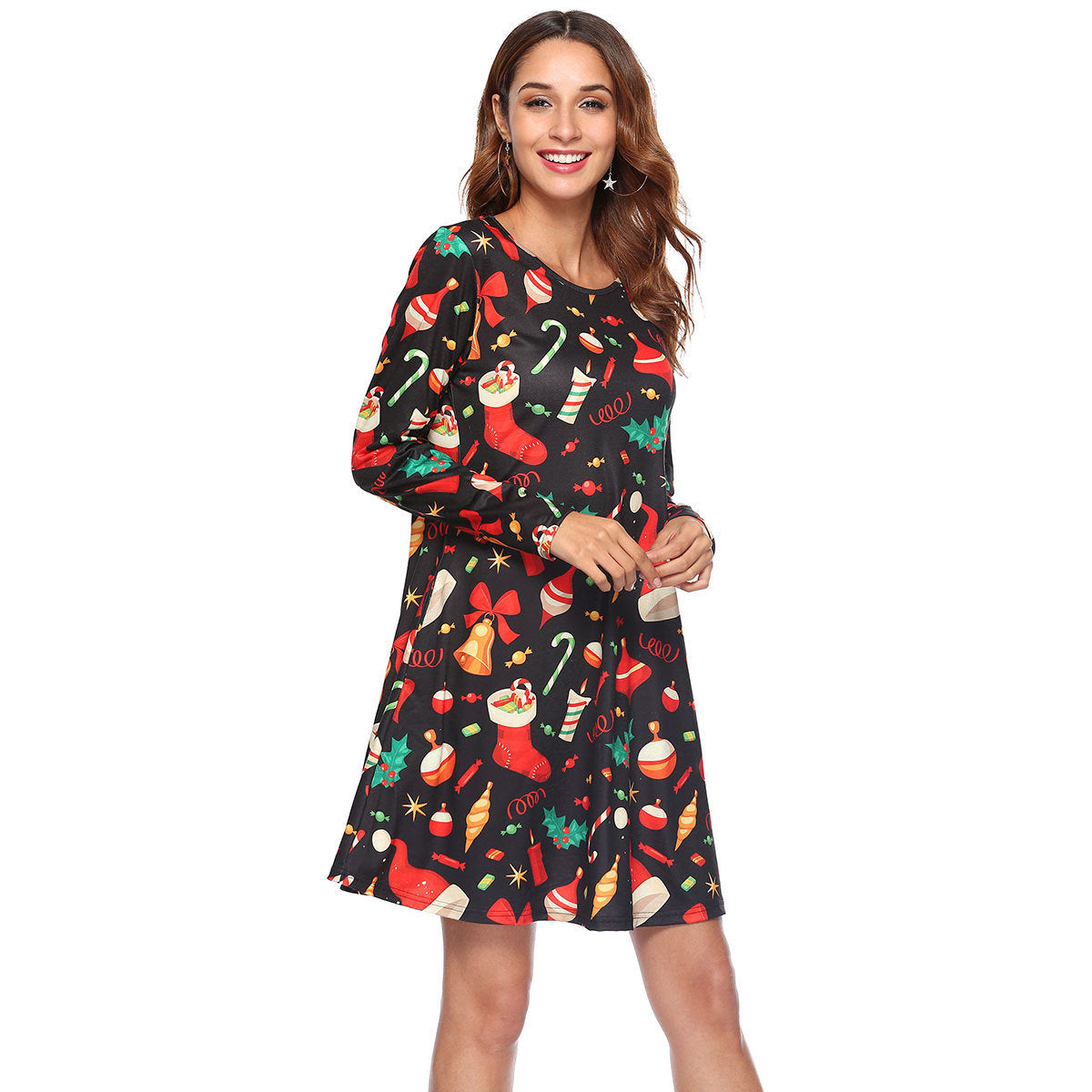 autumn and winter new European and American Christmas dress women's printed A word pocket dress