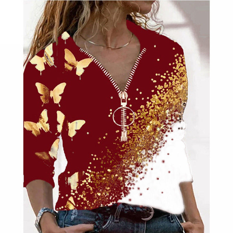 Women Autumn Spring Long Sleeve T Shirt Tops V Neck Zipper Butterfly Print Casual Plus Size 5XL Pullover T-shirt Fall Tops