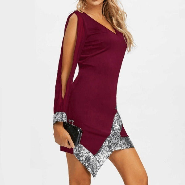 Europe and the new women's sexy V-neck hollow sleeve stitching sequin dress