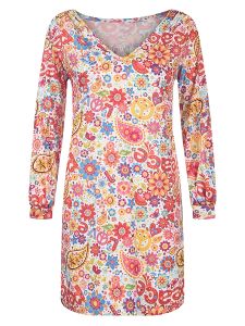 Plus Size Floral Print Long Sleeve V Neck Dress; Plus Size Slight Stretch Dress; Dress Women