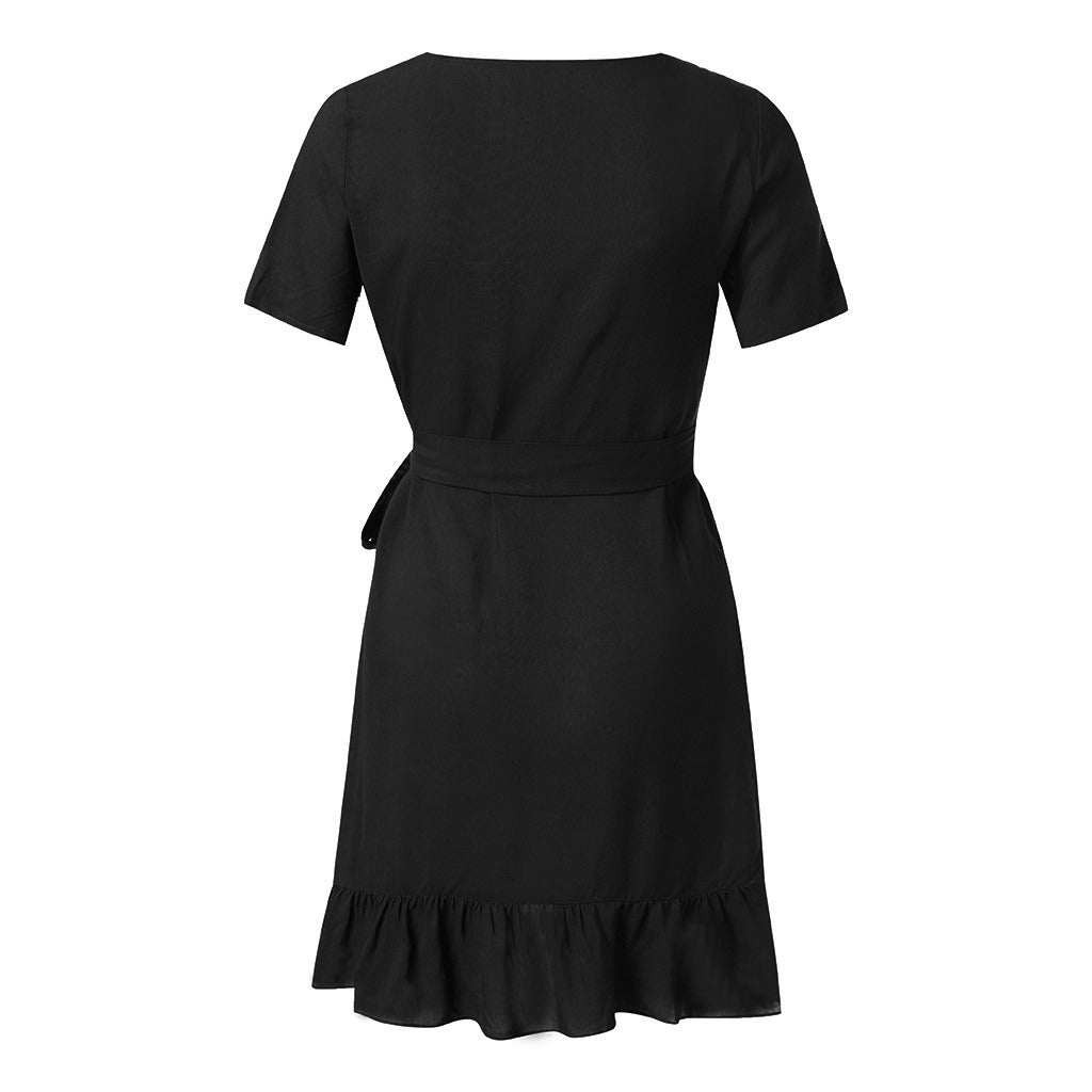 New Women's Short-sleeved Sexy Slim V-neck Pleated Ruffled Irregular Dress