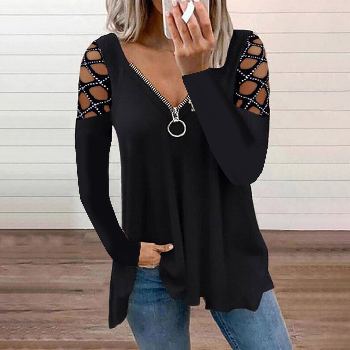 Fall/Winter New Fashion Women's V-neck Solid Color Hollow Sleeve Hot Rhinestone Casual Top Women's T-shirt