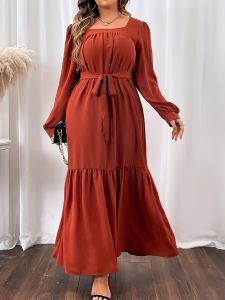 Plus Size Shirred Square Neck Lantern Sleeve Smock Maxi Dress; Women's Plus Solid Elegant Long Dress