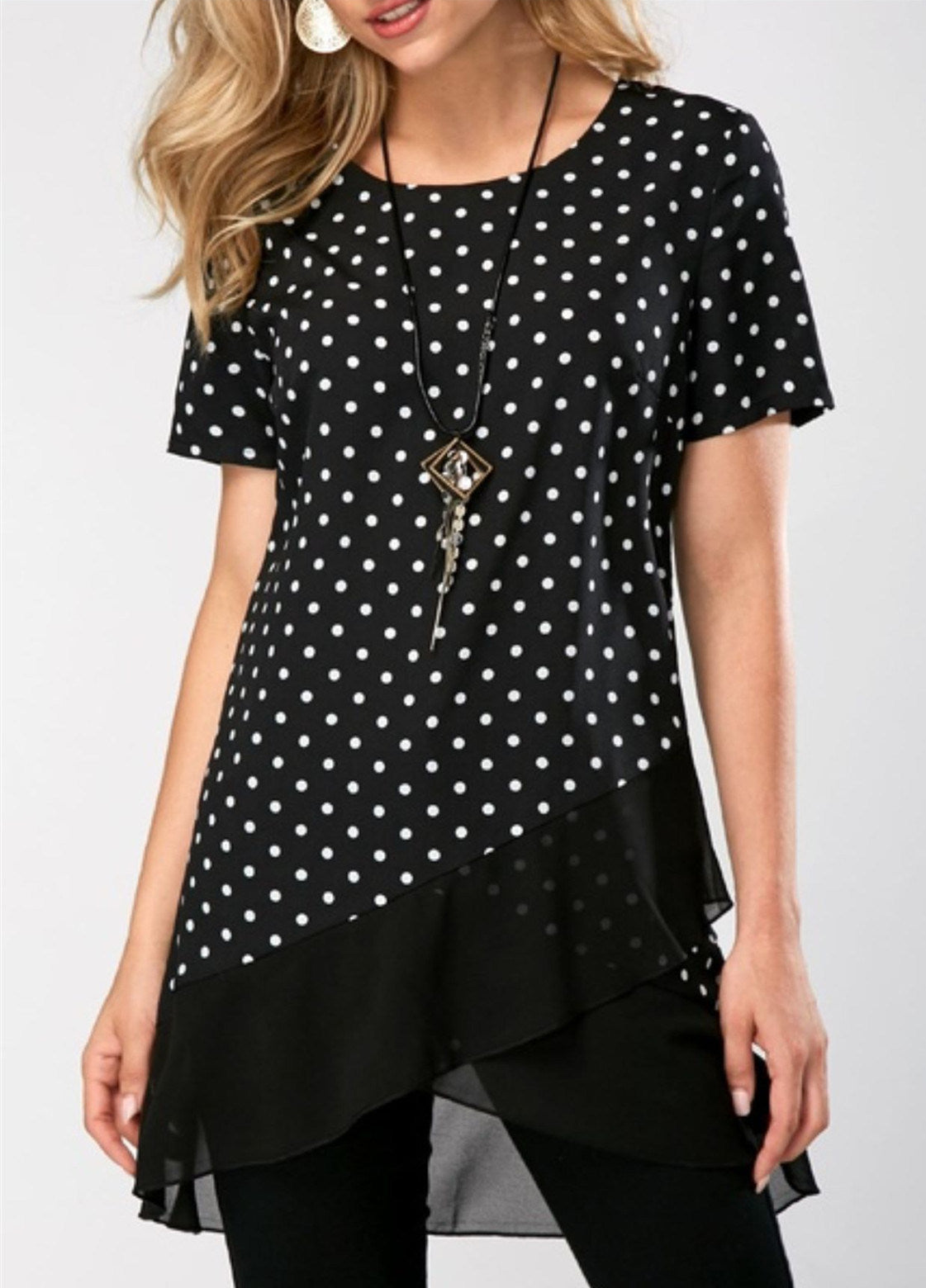 spring and summer new women's round neck polka dot mesh stitching short-sleeved T-shirt