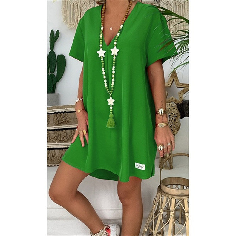 European and American new women's fashion V-neck short-sleeved fruit loose dress