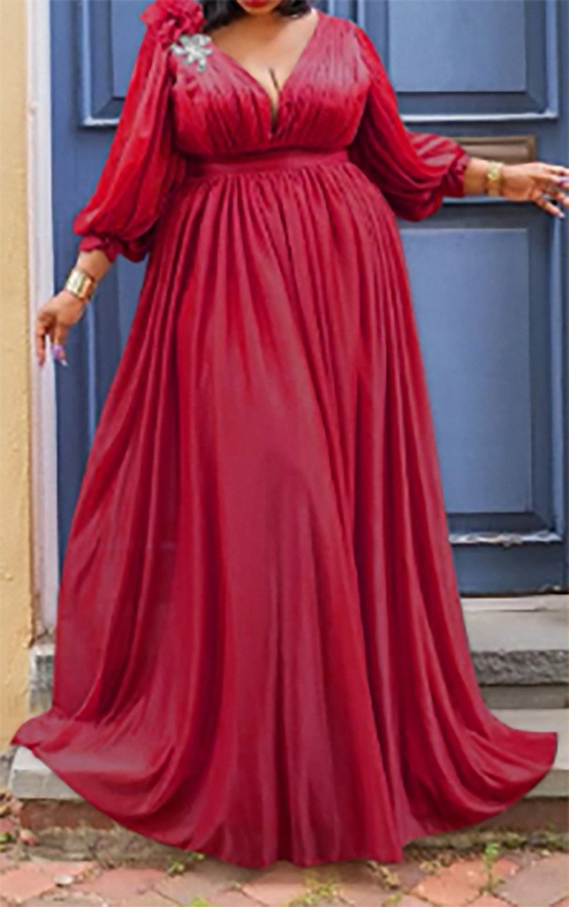 Spring Summer Plus Size Satin Slit Evening Dress Women Sexy V Neck Trailing Skirt Flower Lantern Sleeve Folds Wedding Bridesmaid