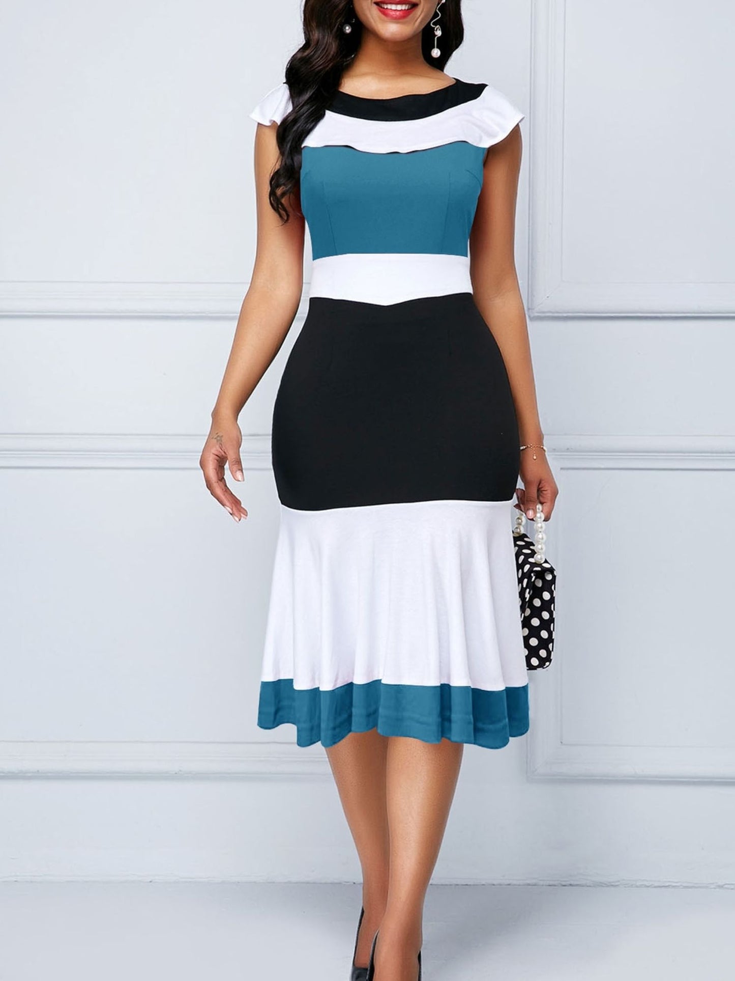 Color Block Ruffle Trim Slim Dress; Sleeveless Pencil Dress For Spring & Summer