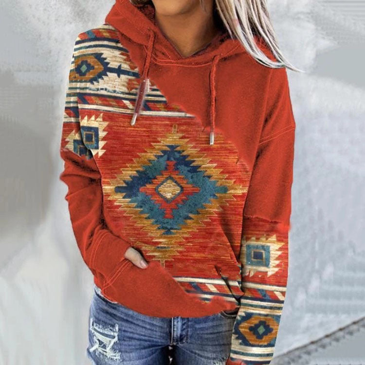 autumn and winter new women's sweater national wind printing casual hooded hoodie