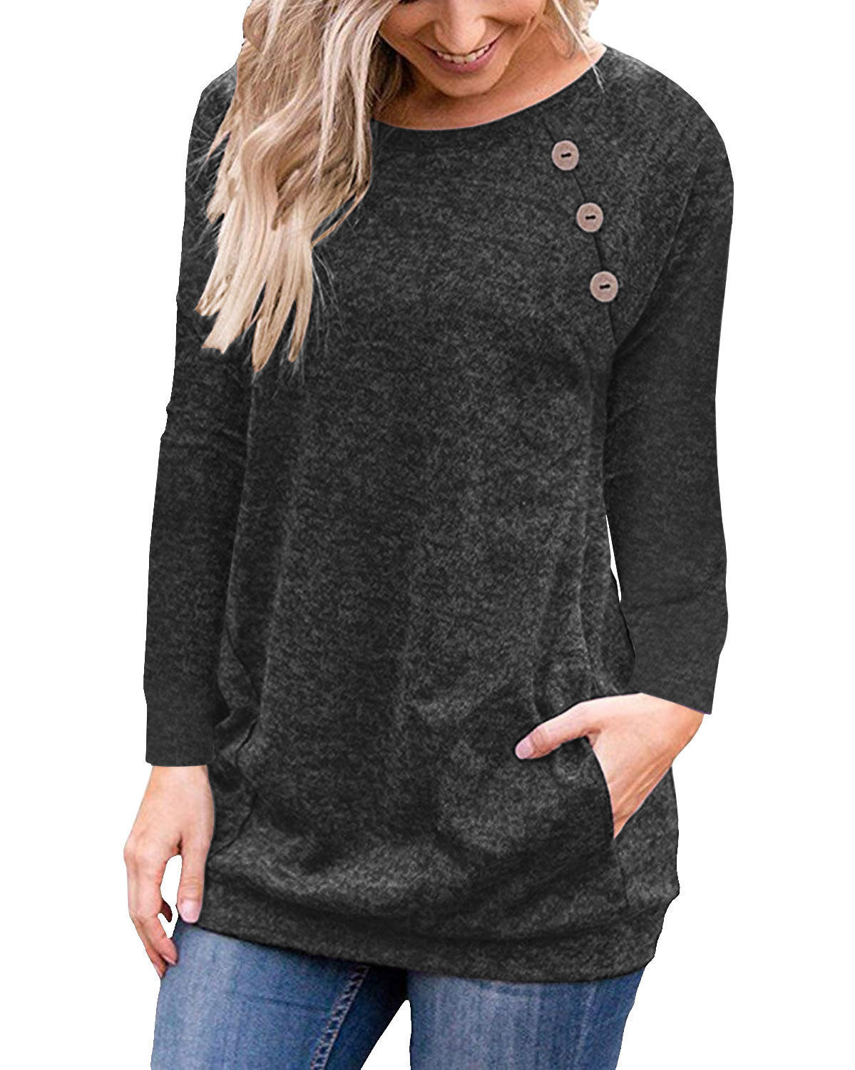 Women's Round Neck Long Sleeve Top Button Stitching Shirt With Pocket