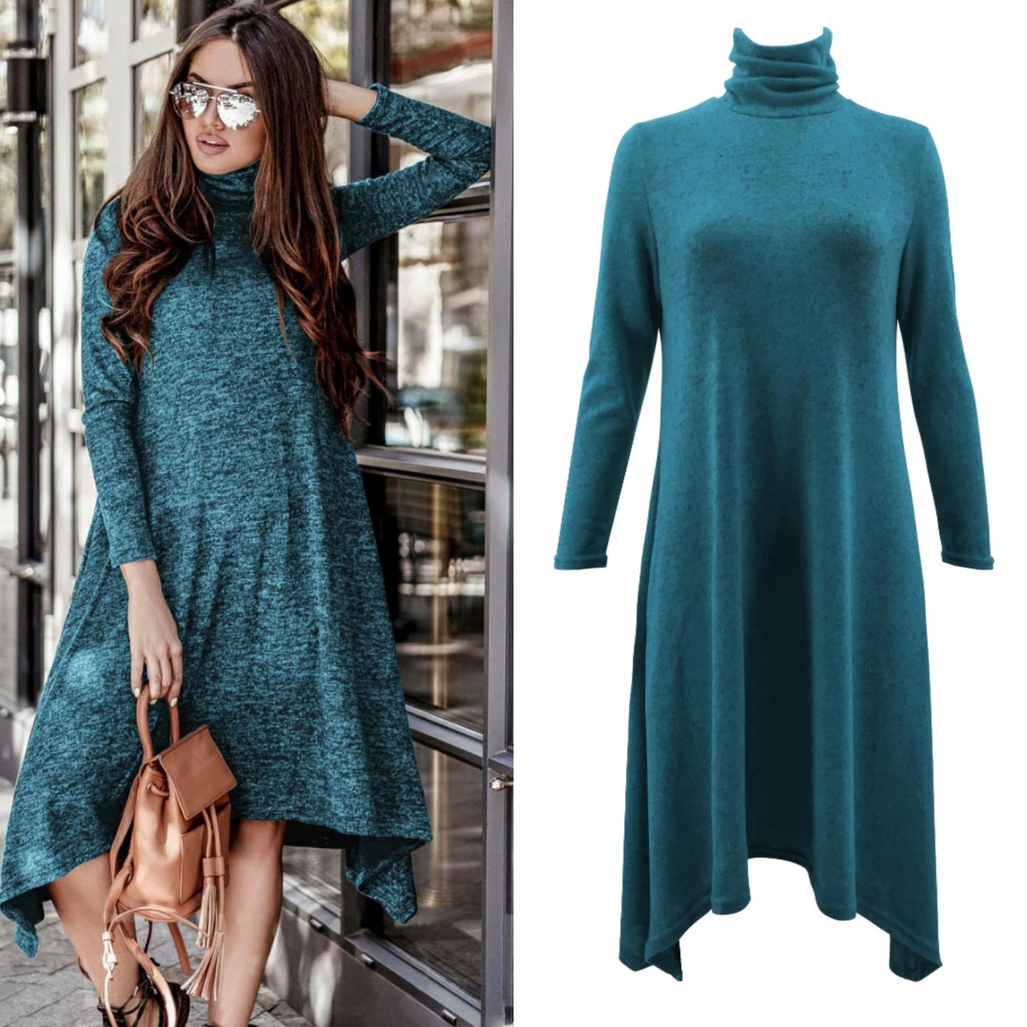 New Autumn Hot Women's High Collar Long Sleeve Solid Color Dress