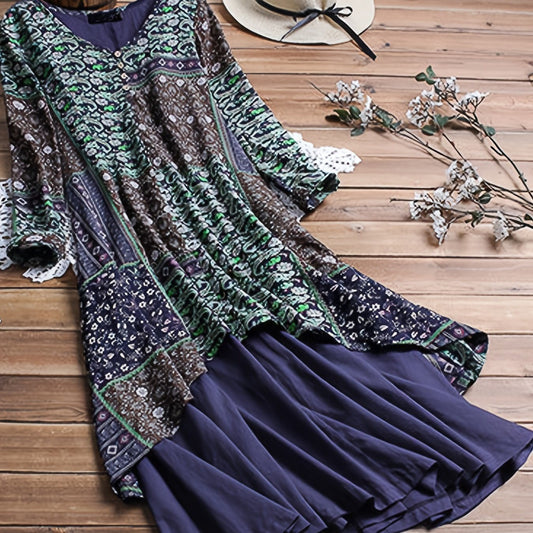 Plus Size Floral Print Button Decor Maxi Dress; Women's Plus Casual 3/4 Sleeve Long Dress