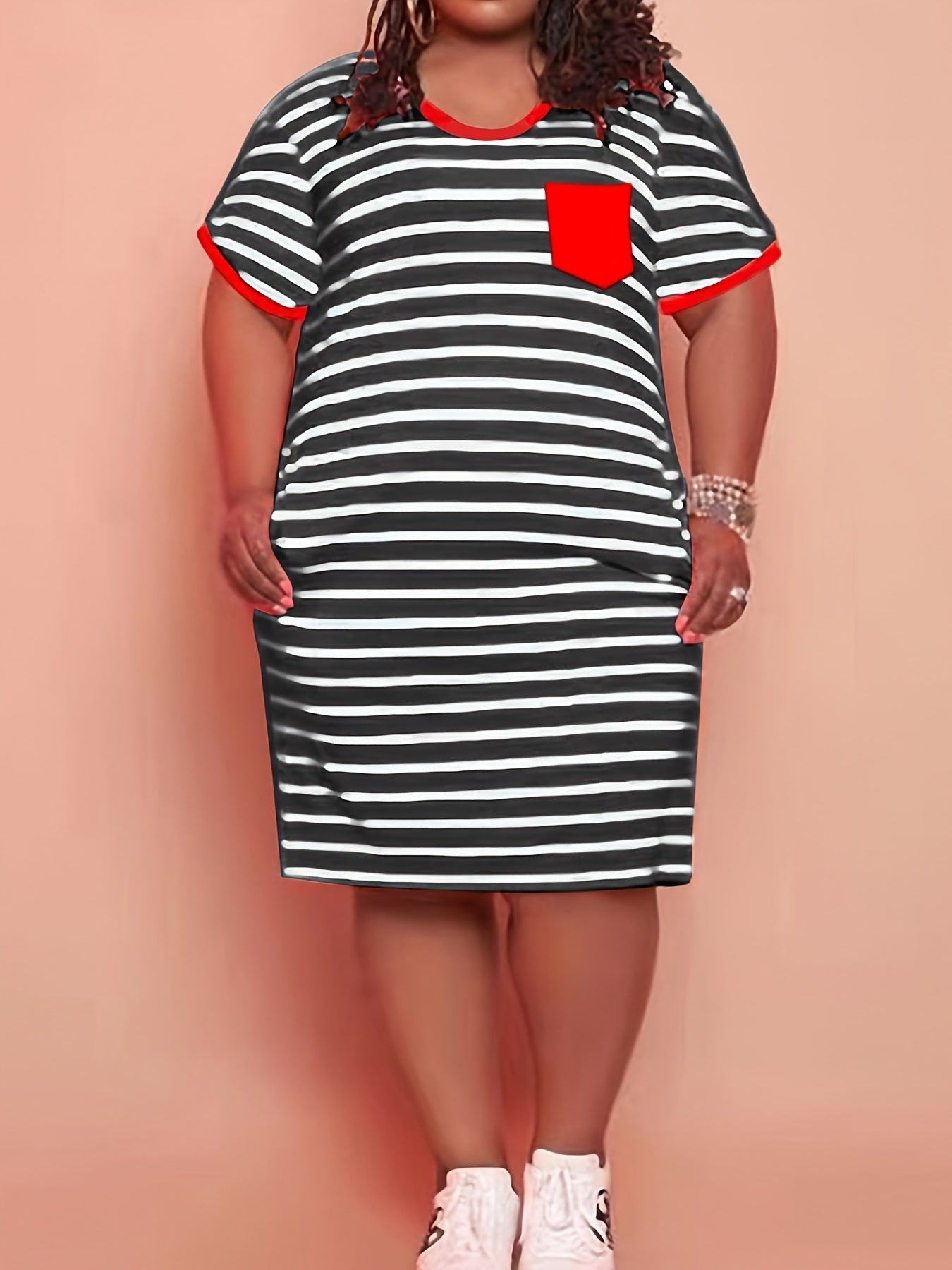 Plus Size Cotton Strip Print Short Sleeve Midi Dress With Pockets; Women's Plus Medium Stretch Dress