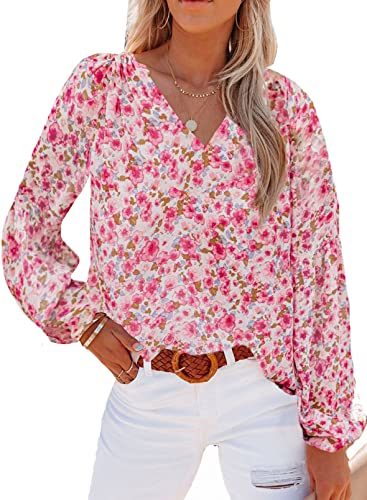 Women's Casual Boho Floral Print V Neck Long Sleeve Loose Blouses Shirts Tops