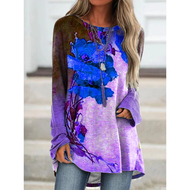 autumn and winter new women's tops fashion printing mid-length long-sleeved t-shirt