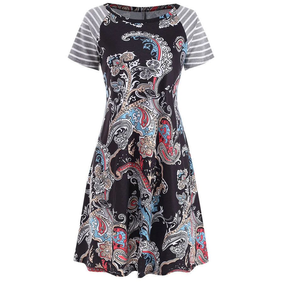 European and American summer women's new round neck print raglan sleeve dress