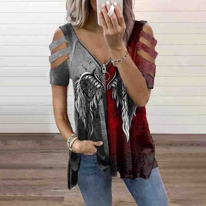 Women's New T-shirt V-neck Zipper Pullover Print Short Sleeve Loose T-shirt Top