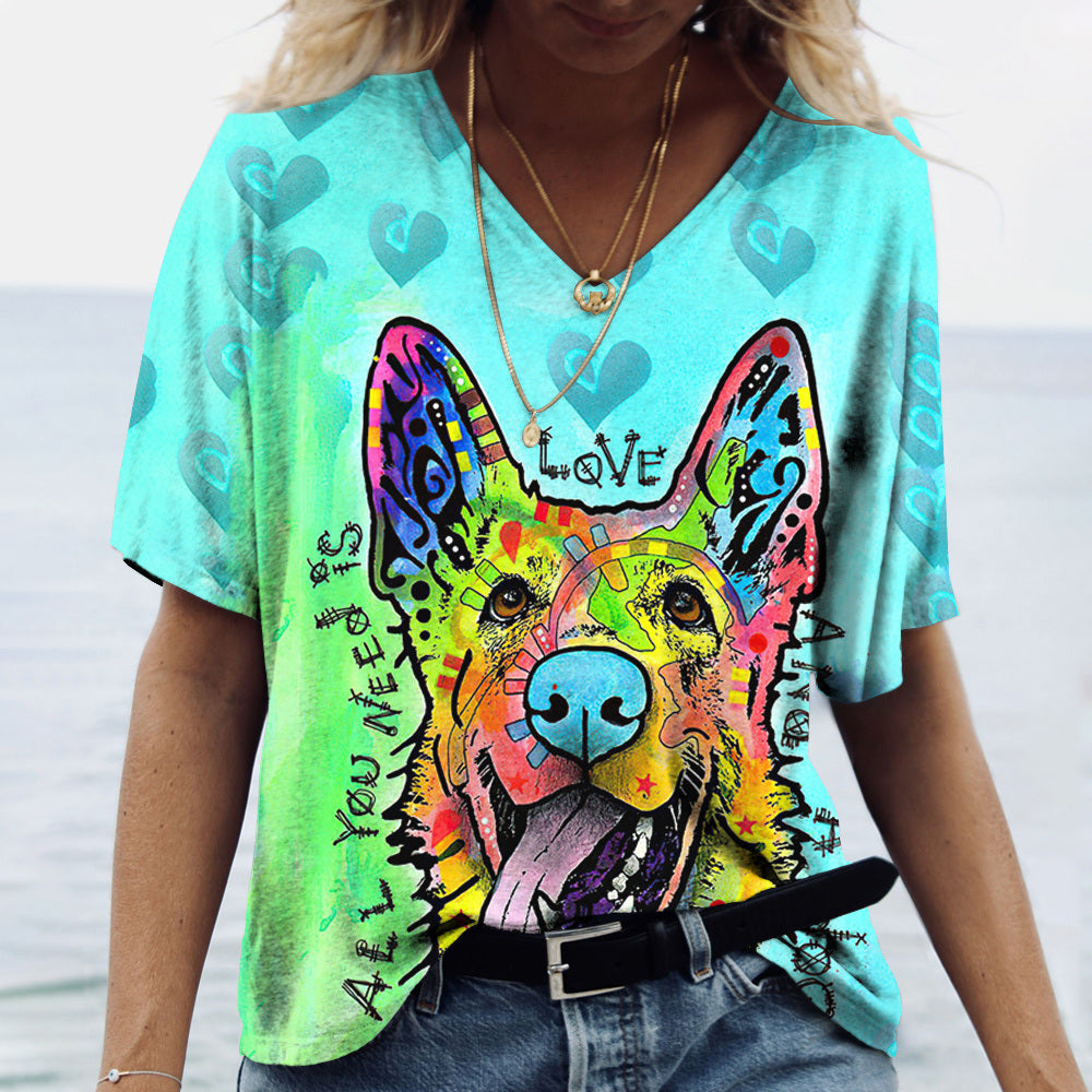 Women's V-neck Top Short Sleeve T-shirts Summer New 3D Cute Dog Print Casual Lovely Harajuku Versatile