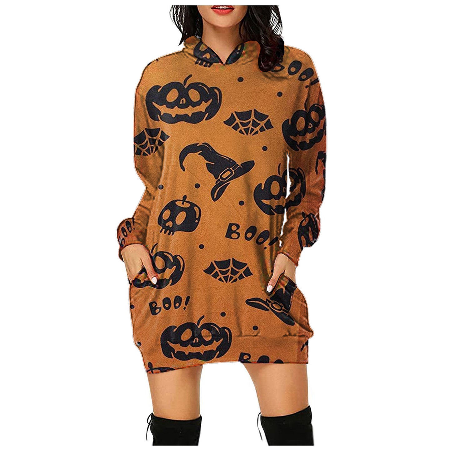 Halloween Women's New Style Dress Digital Printed Hooded Long Sleeve Dress