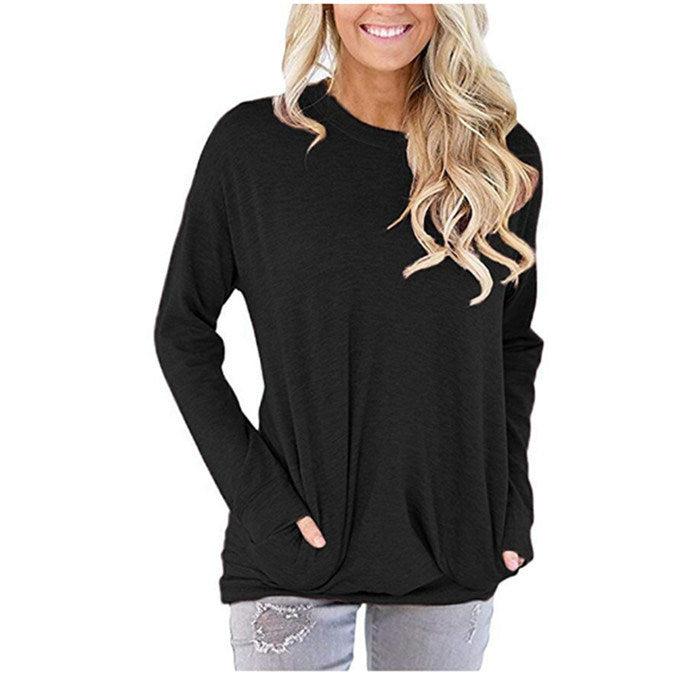 Ladies Fashion Soild Color T Shirt Autumn Winter Long Sleeve Round Collar Pocket Pullovers Women Plus Size Tops Blouse