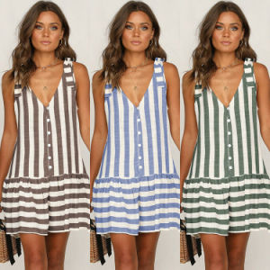 Women's fashion new sleeveless striped button stitching dress