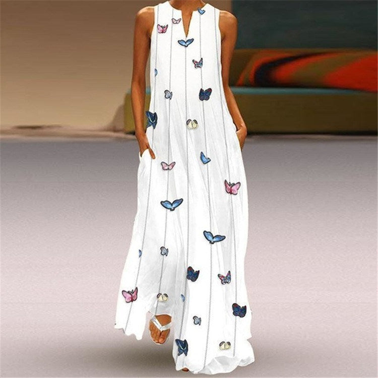 Women's Casual Bohemian Butterfly Digital Print V-neck Sleeveless Long Dress