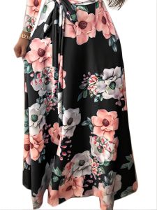 Plus Size Floral Print High Neck Maxi Dress; Women's Plus Medium Stretch Round Neck Long Dress