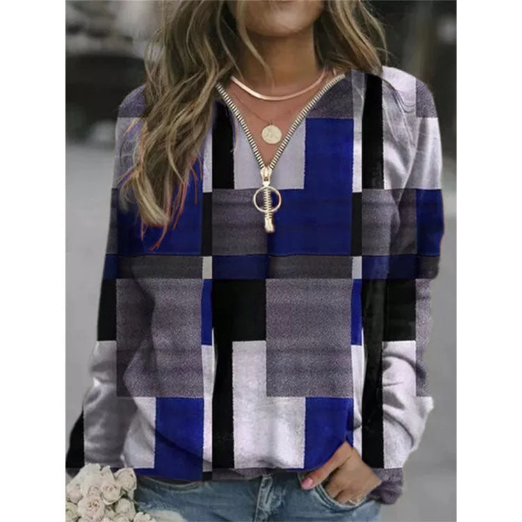 autumn and winter new women's sweater V-neck zipper plaid printed fleece jacket