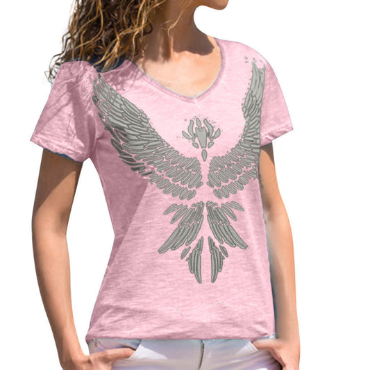 European and American new women's feather print round neck short-sleeved T-shirt