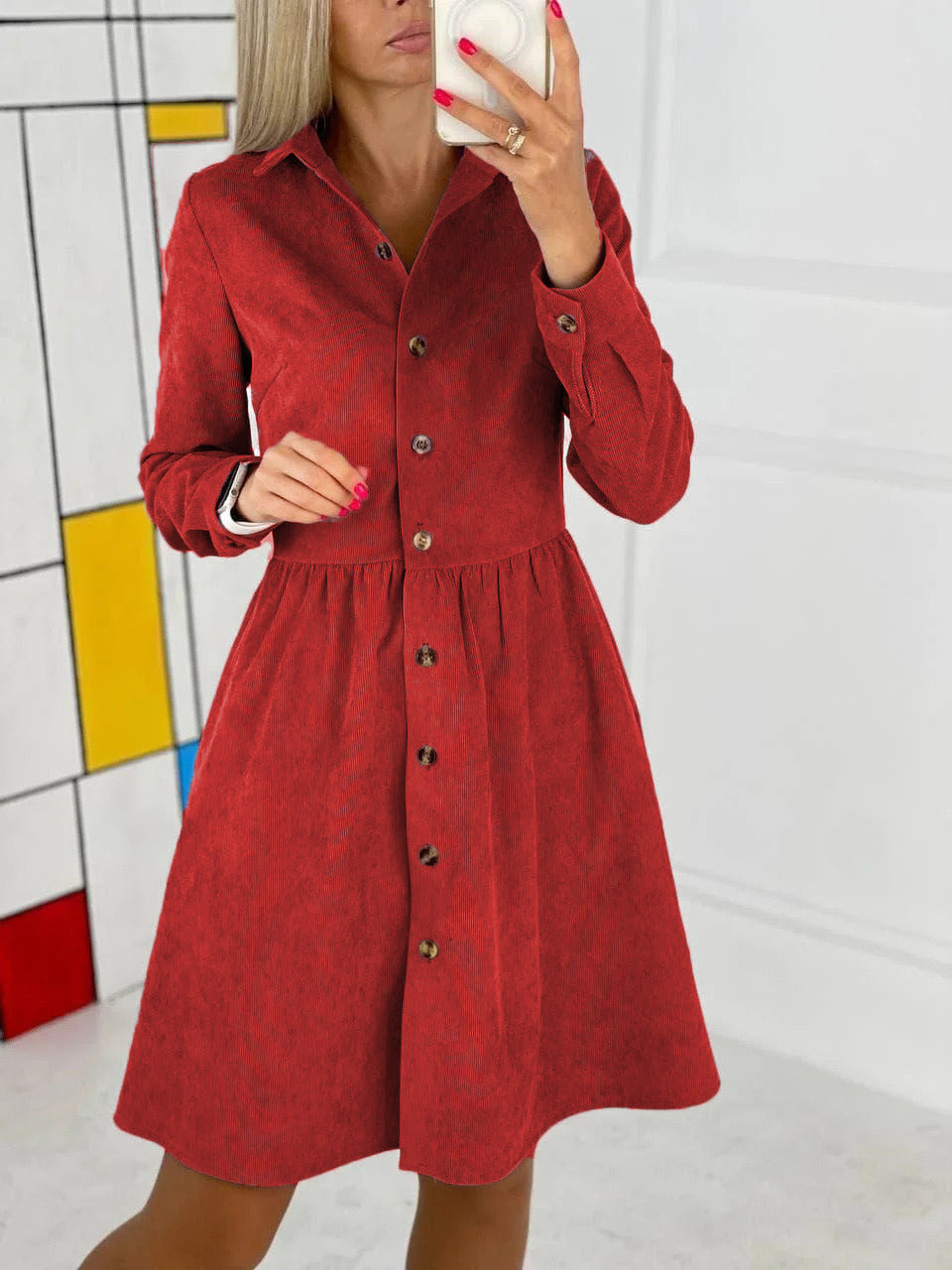 Fall/winter Long-sleeved Single-breasted Shirt Corduroy Dress Long Skirt