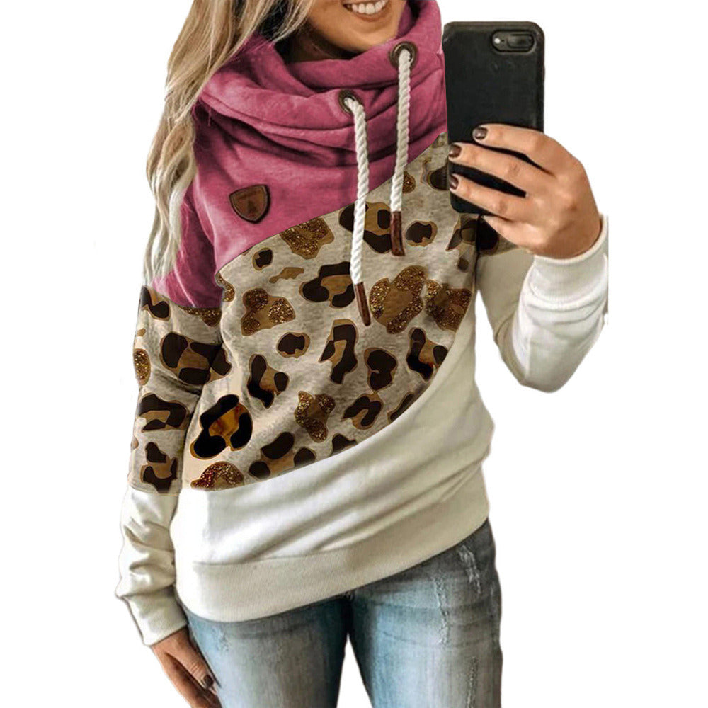 New Women's Clothing Printed Stitching Hooded Fleece Loose Sweater