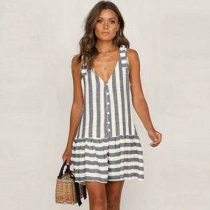 Women's fashion new sleeveless striped button stitching dress