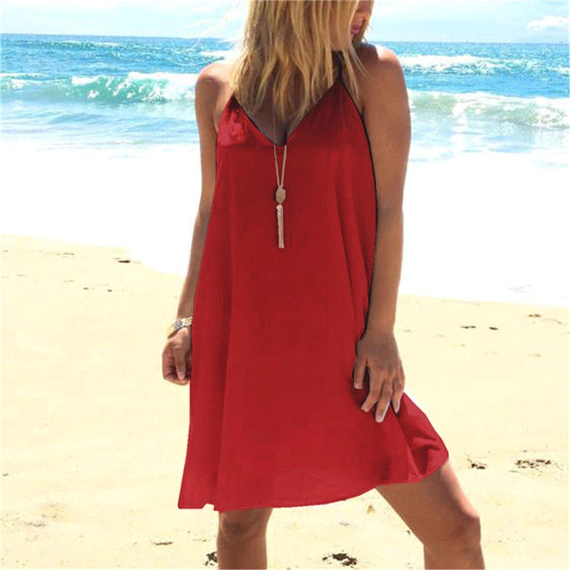 Summer Hot Sale Solid Color Sling Big Swing Women's Dress