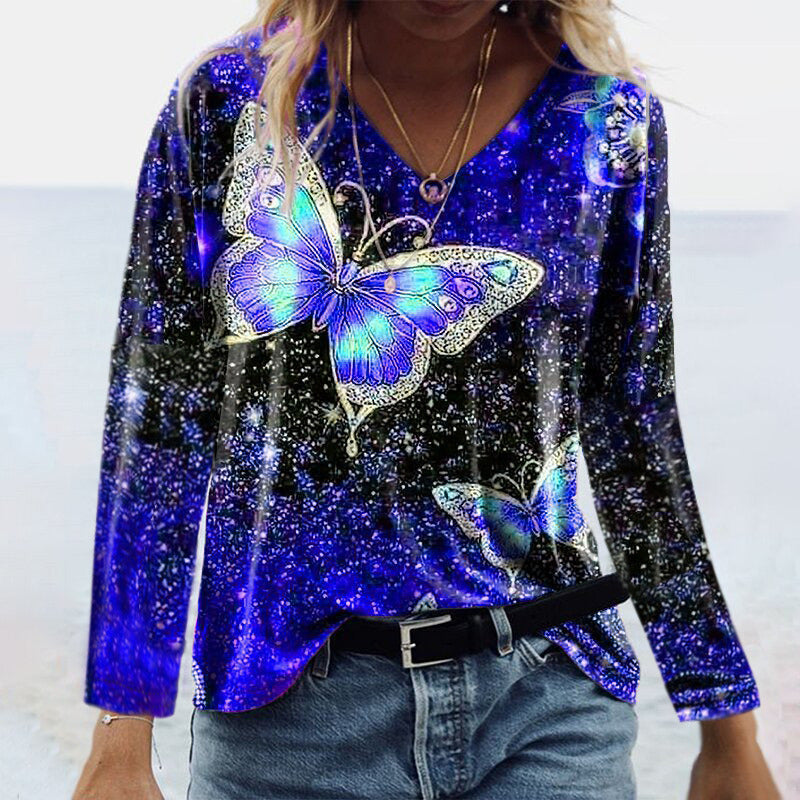 Women's Fashion Autumn T Shirt Casual V-Neck Long Sleeve Butterfly Printing T-Shirts Ladies Loose Plus Size Tops Tee Shirt Femme