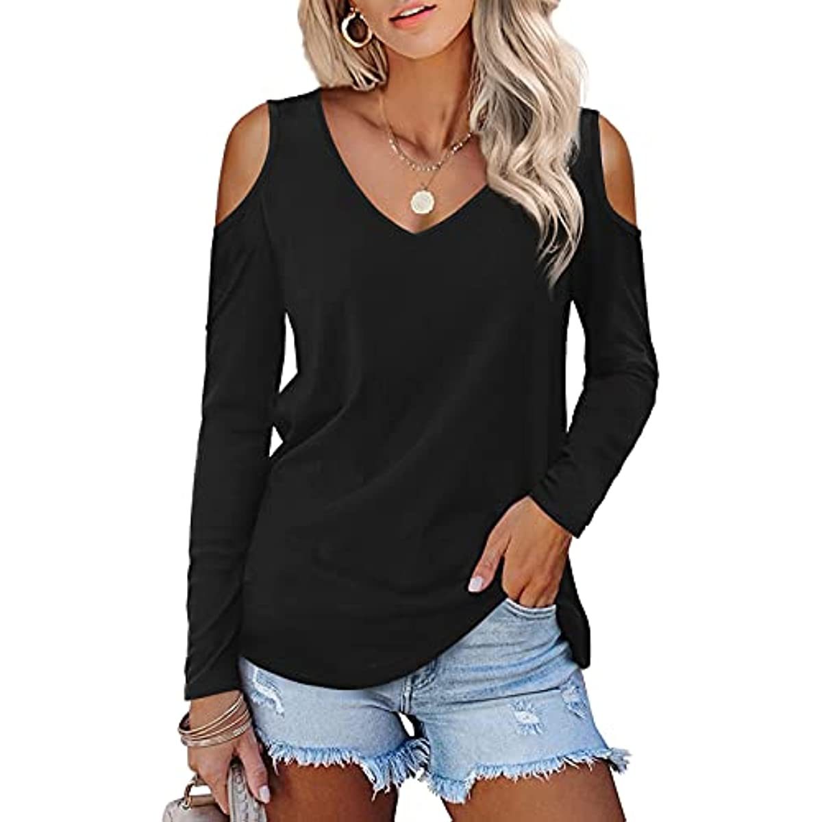 Womens Long Sleeve Cold Shoulder Basic Tee Tops Shirts