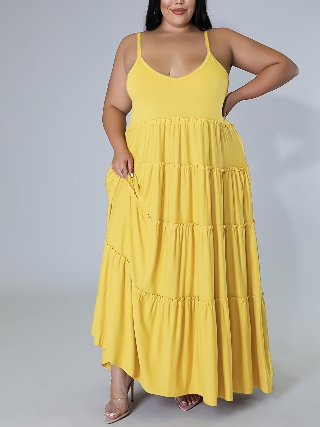 Plus Size Solid Layered Loose Fit Cami Maxi Dress; Women's Plus Sexy High Stretch Long Cami Dress