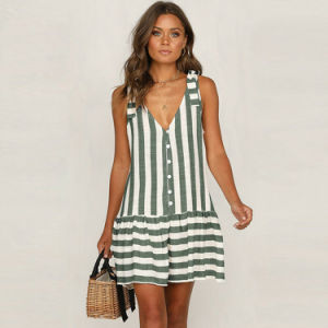 Women's fashion new sleeveless striped button stitching dress