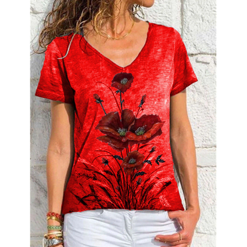 Women's New T-shirt V-neck Printed Short Sleeve Casual Top