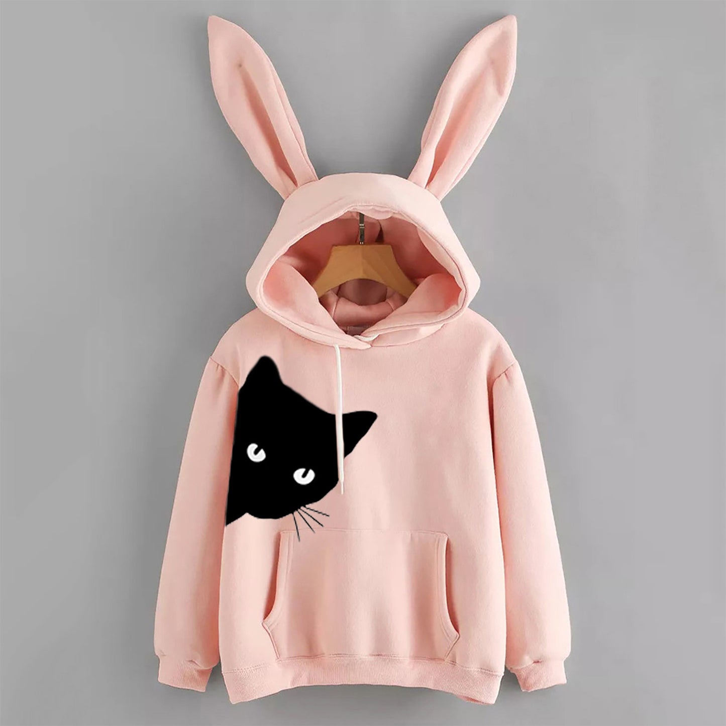 Fashion women's new hoodie rabbit ears cat print long-sleeved fleece sweatshirt