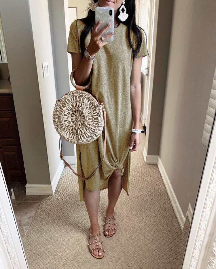 Women's Summer Short-sleeved T-shirt V-neck Knit Dress