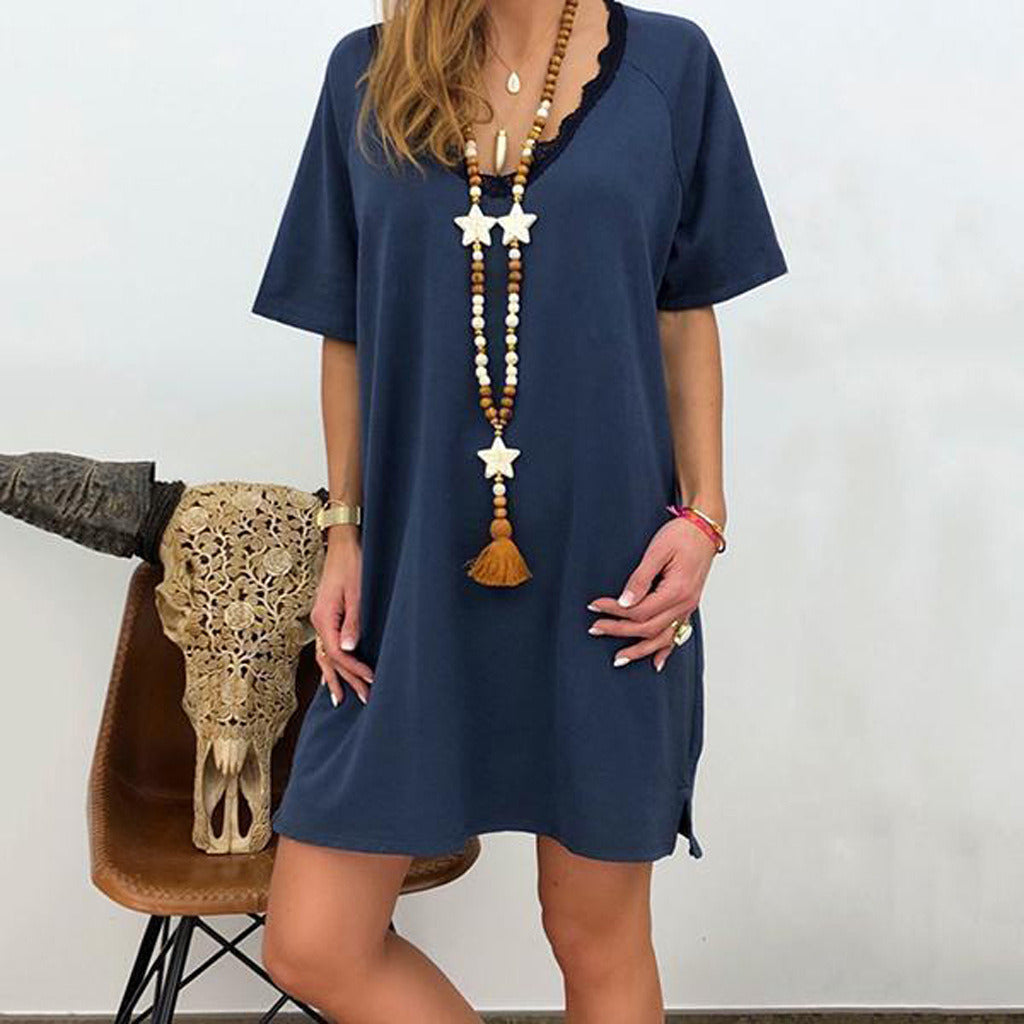 New Women's Lace Side V-neck Solid Color Casual Loose Dress