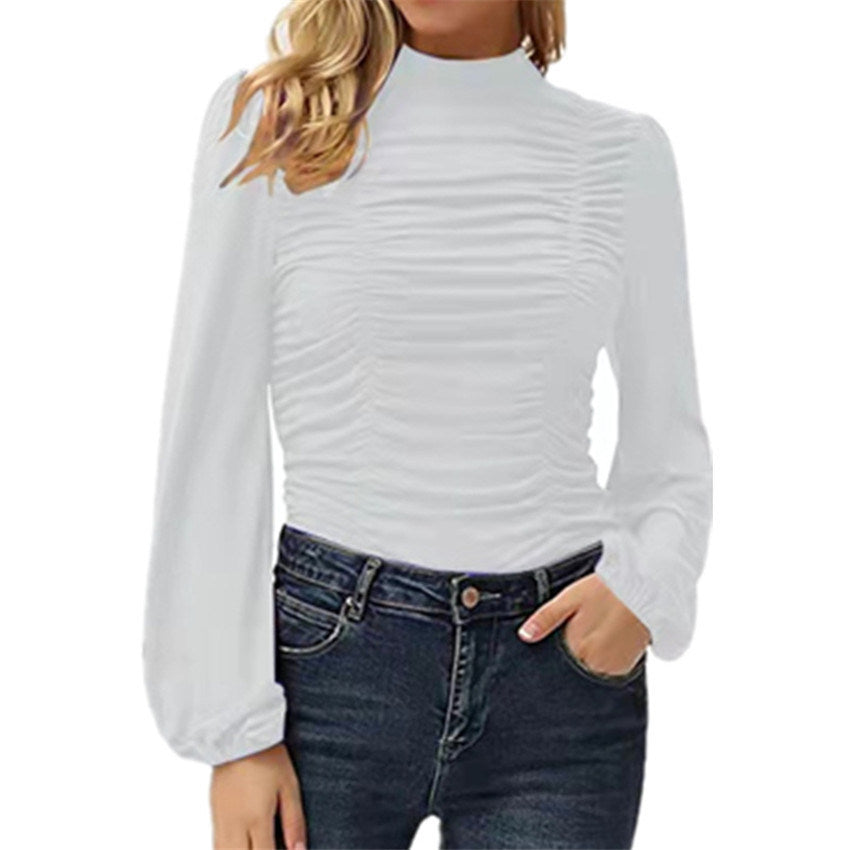 Autumn and Winter Women's New Solid Color Long Lantern Sleeves High Collar Pleated Slim T-shirt