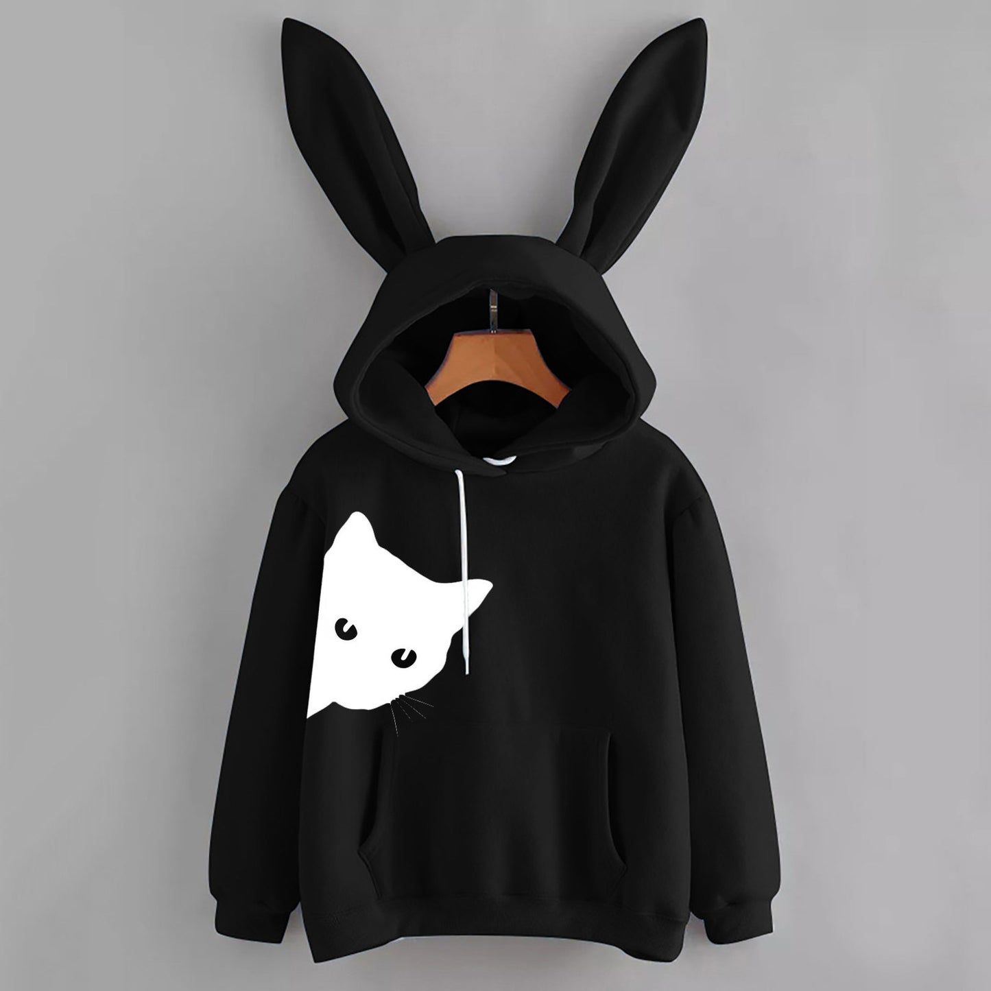 Fashion women's new hoodie rabbit ears cat print long-sleeved fleece sweatshirt