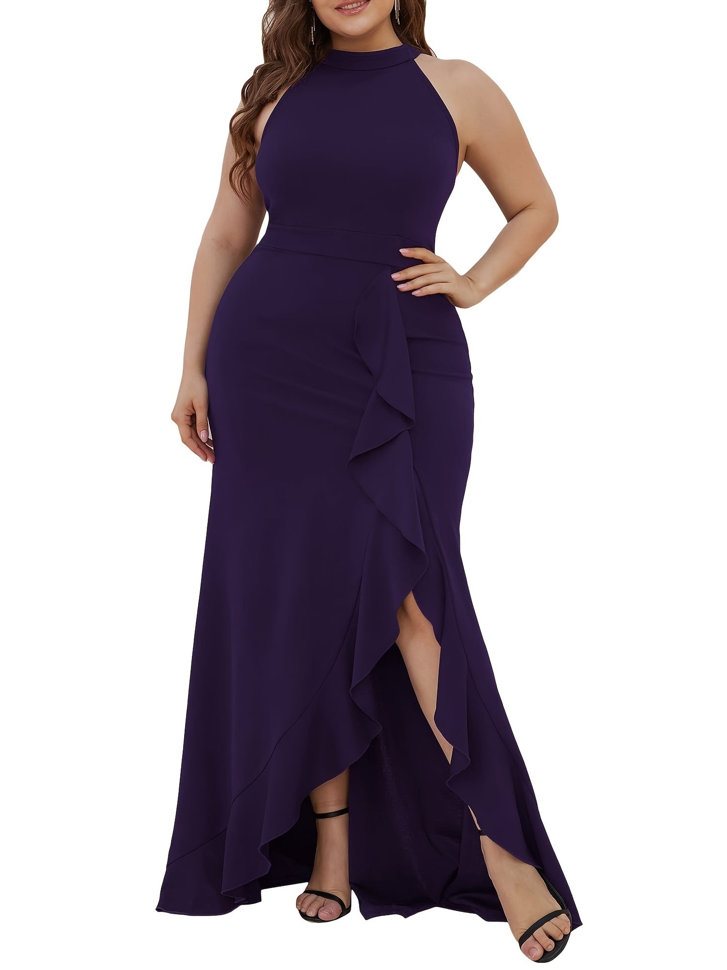 Plus Size Solid Ruffle Trim Split Hem Halter Neck Dress; Women's Plus Party; Events Elegant Maxi Prom Dress