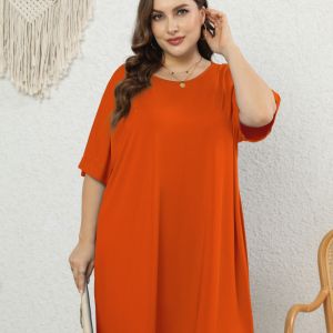 Plus Size Elegant Dress; Women's Plus Solid Round Neck Short Sleeve Knee Length Tee Dress