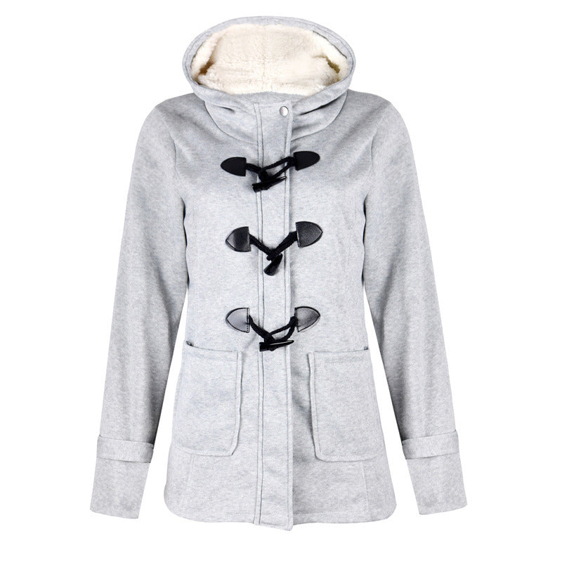 Autumn and Winter New Thicken Large Size Horn Buckle Hooded Woolen Coat Women's Clothing