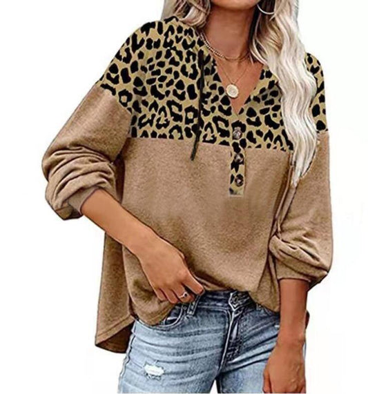 Women's Autumn and Winter Leopard Print Stitching Loose Casual Long-sleeved Hooded Sweater