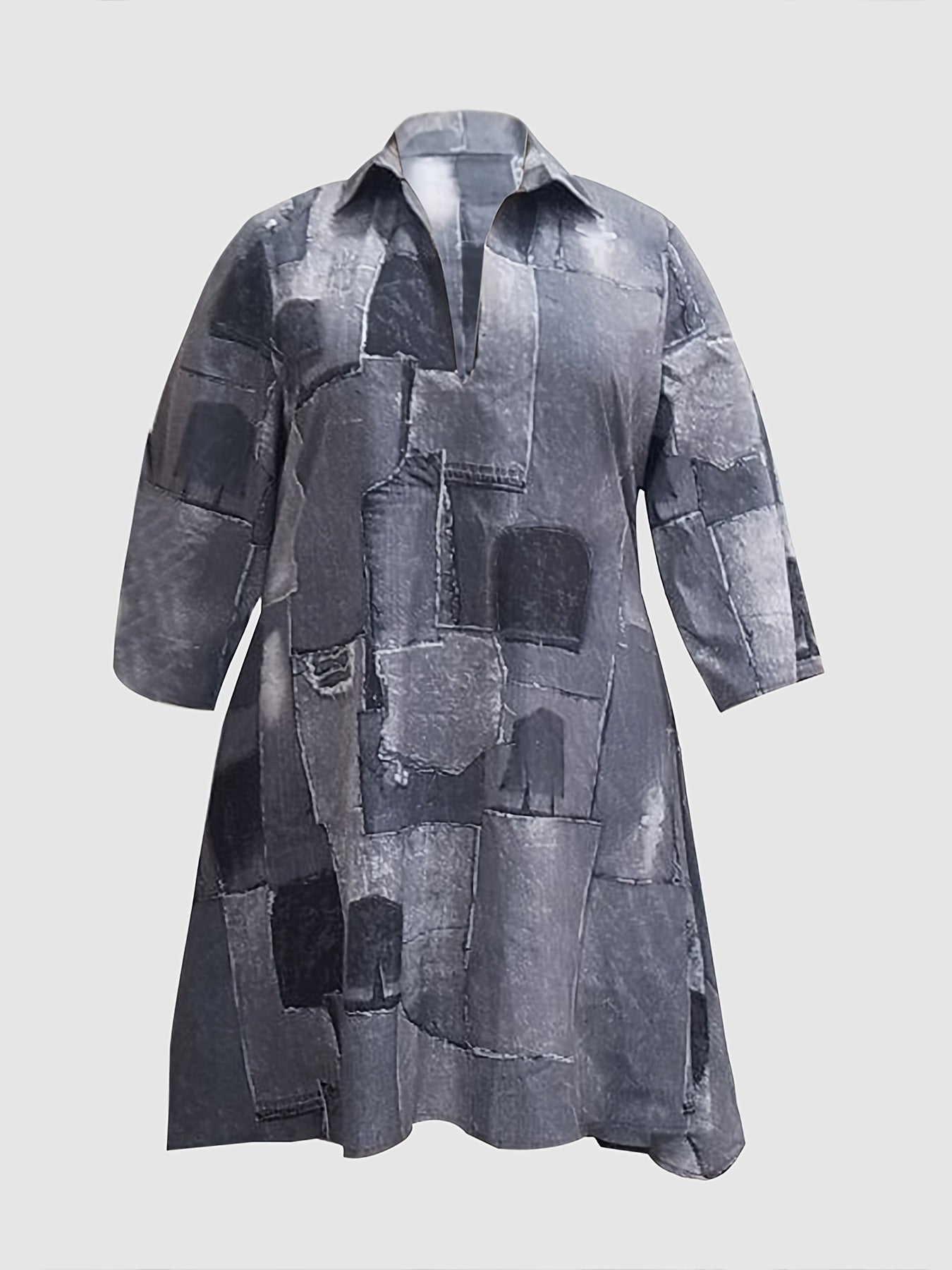 Plus Size Denim Print Deep V Neck Midi Dress; Women's Plus Elegant Slight Stretch Midi Dress