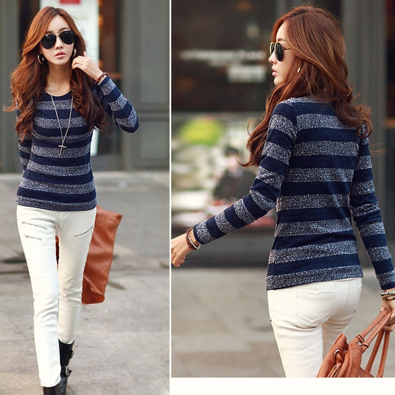 Nice Women Slim Thin Long Sleeve Pullover Striped Bottoming Tops