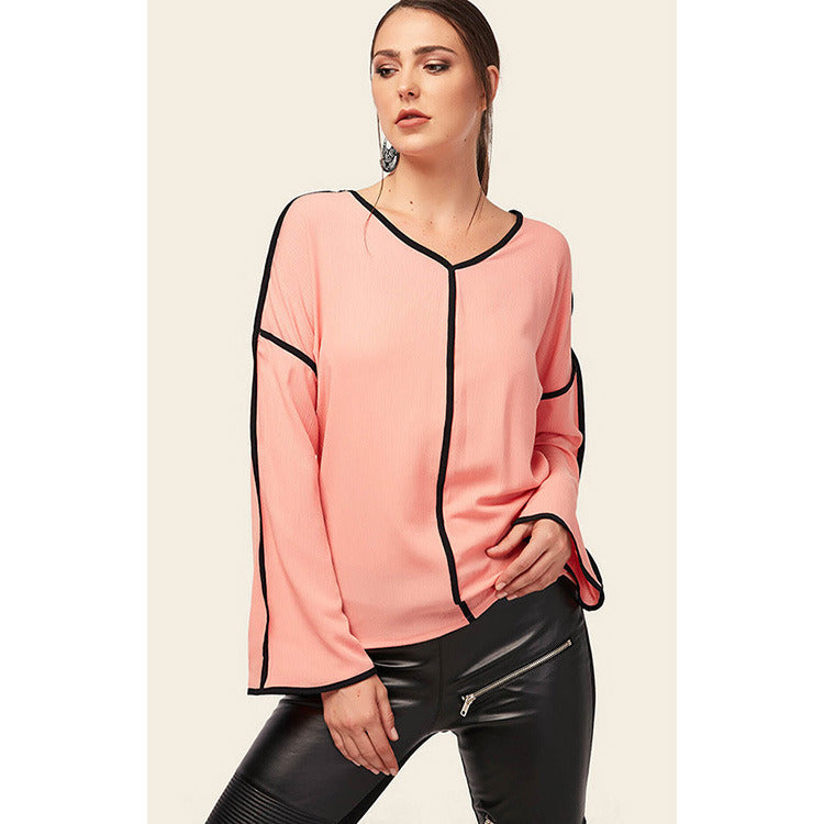 European and American Women's V-neck Chiffon Trumpet Sleeve Stitching Top S-XXXL