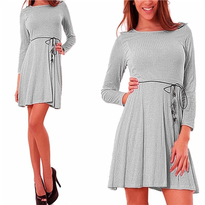 Ladies Fashion Pure Color Long Sleeve Round Neck Loose Midi Dress Feathers Lace Up Party Short Dress